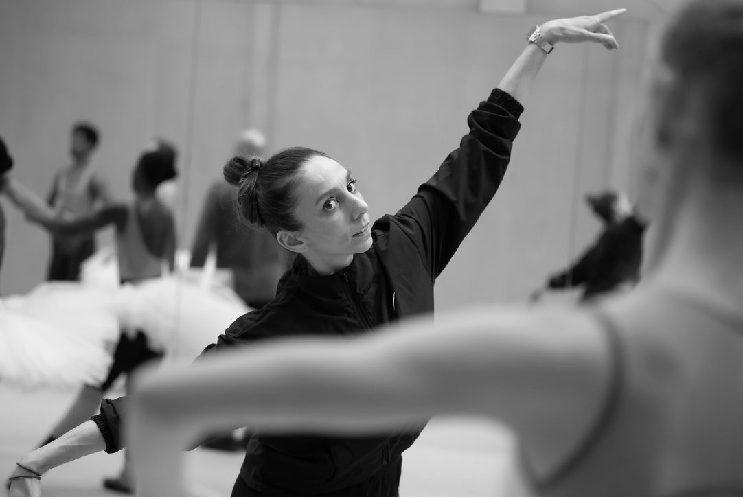 Kate Lyons rehearsing Isadora Bless in Larina Waltz by Ashley Page in studio at London City Ballet